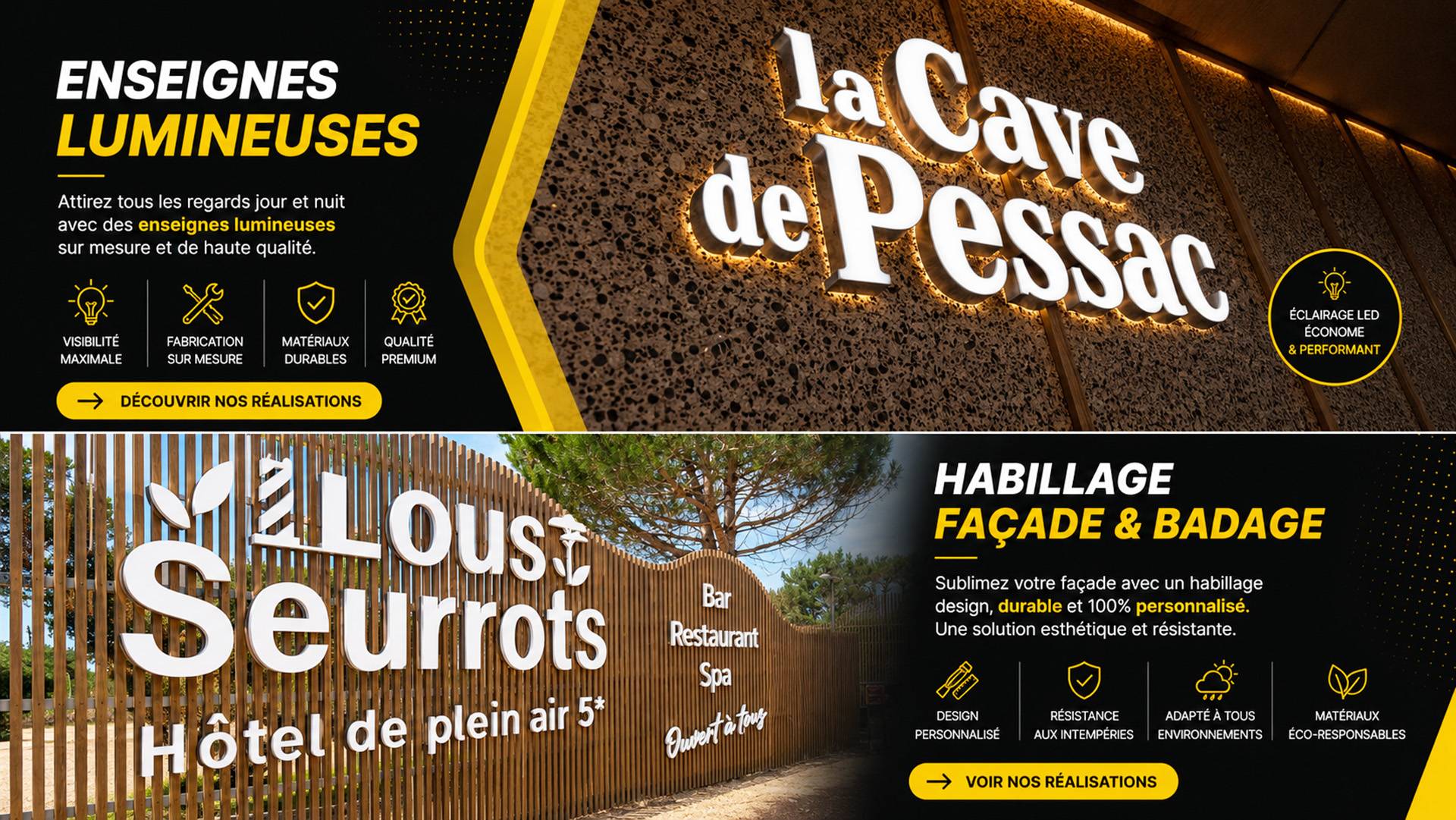 Lettrage en relief premium installé sur une façade commerciale avec lettres découpées en aluminium et PMMA par SIGN by GRAPHICS à Andernos-les-Bains.